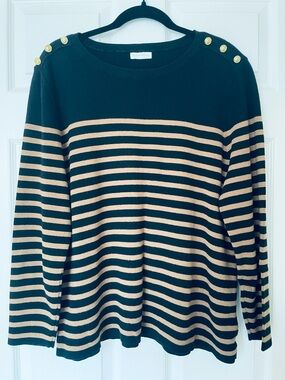 EUC Charter Club Striped Boat Neck Sweater | Black Tan Gold Button